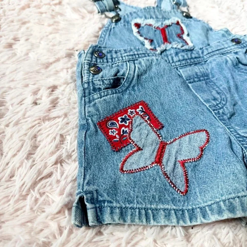 Vintage 90s Americana Distressed Butterfly Retro Utility Overall Denim Baby 3-6M